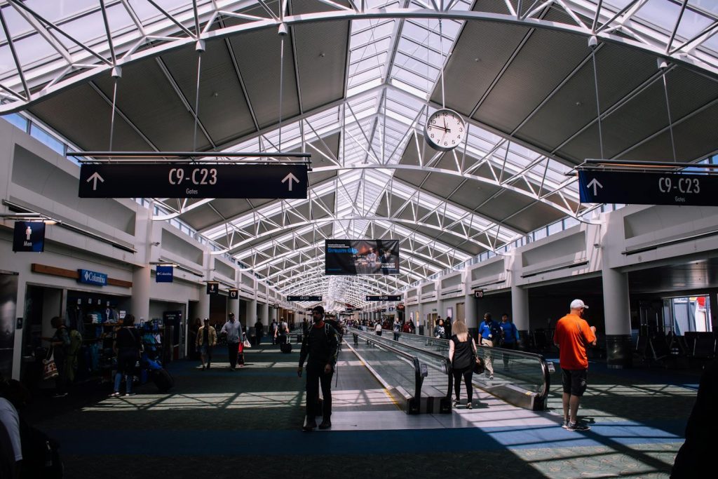 A dark interior of an airport